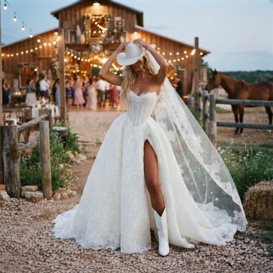 Bride in a white wedding dress, cowboy hat, and boots at a rustic barn.