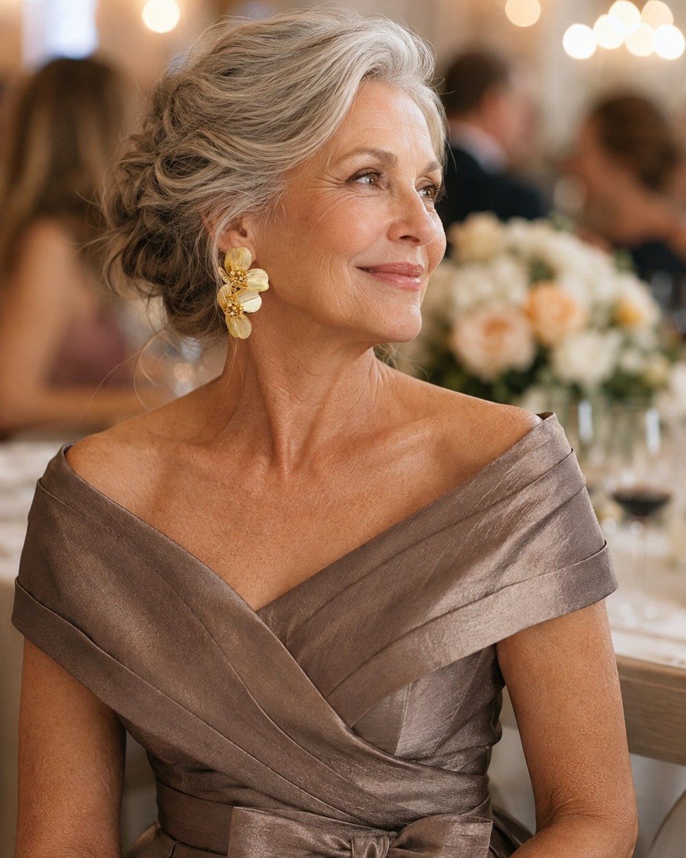Mature woman with grey hair wearing an elegant bronze off-the-shoulder wedding guest dress.