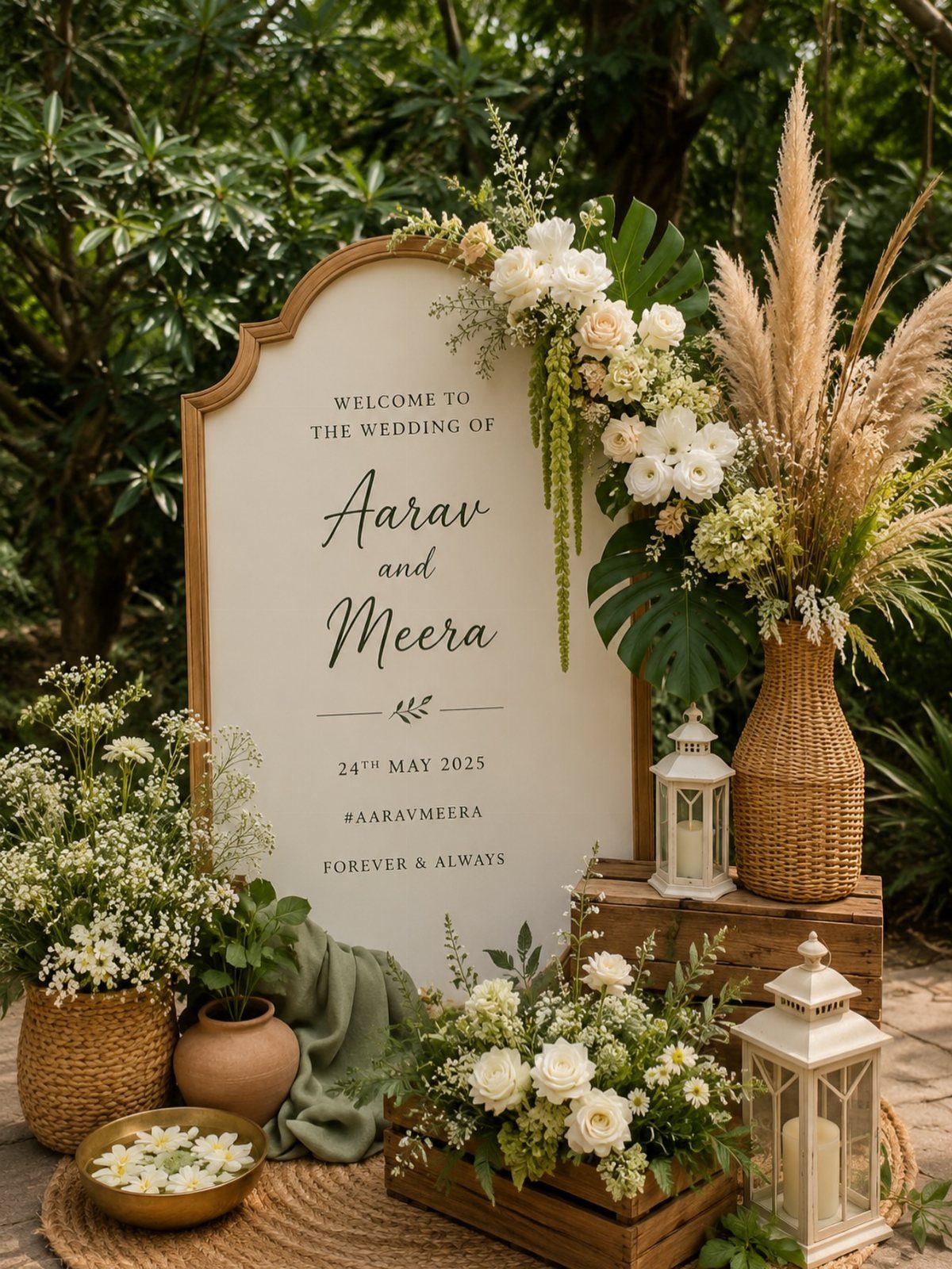 Wedding welcome sign with elegant script and serif fonts surrounded by white floral arrangements.