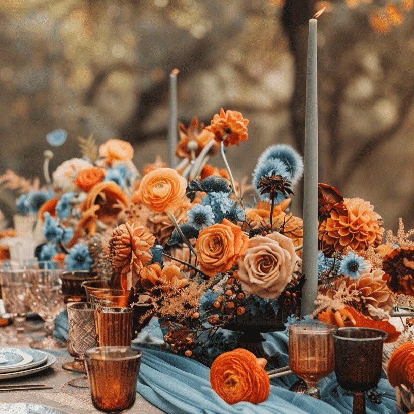 Autumn wedding table setting with orange flowers, blue linens, and amber glassware.