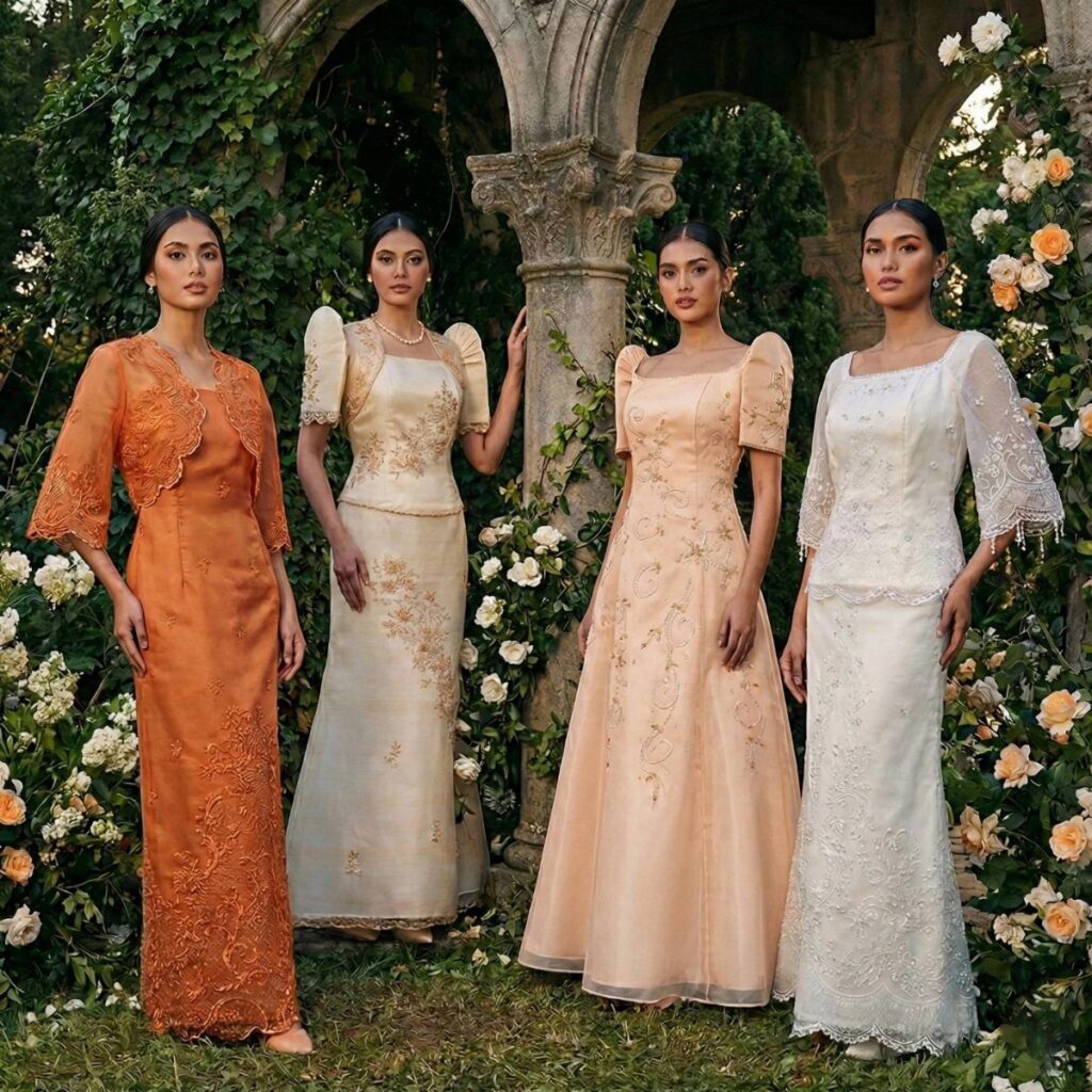Four women wearing traditional Filipiniana gowns with butterfly sleeves in a garden setting.
