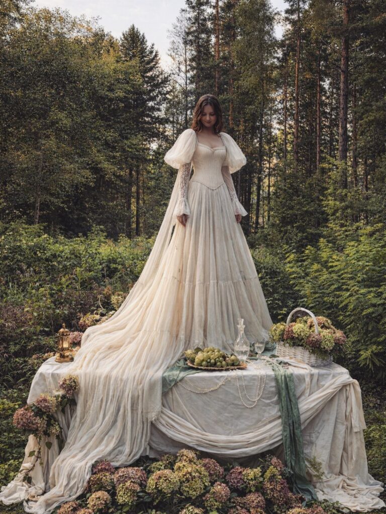 Woman in a voluminous cream wedding dress standing in a lush green forest setting.