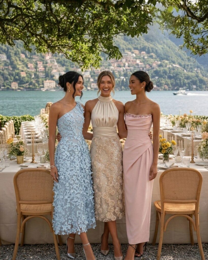Three women wearing formal midi wedding guest dresses in blue, gold, and pink.