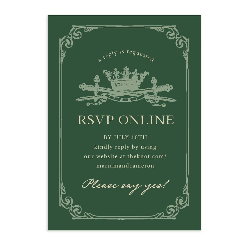 Green wedding RSVP card with gold border and instructions to RSVP online.