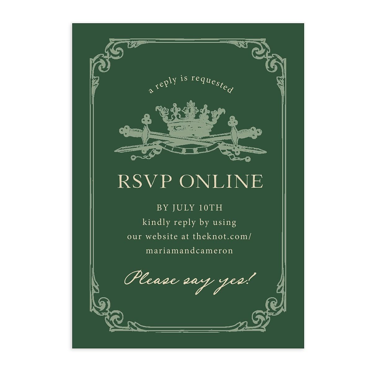 Green wedding RSVP card with gold border and instructions to RSVP online.