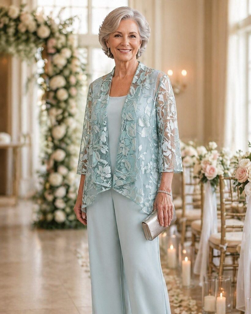 Older woman in light blue lace jacket and jumpsuit at a wedding venue
