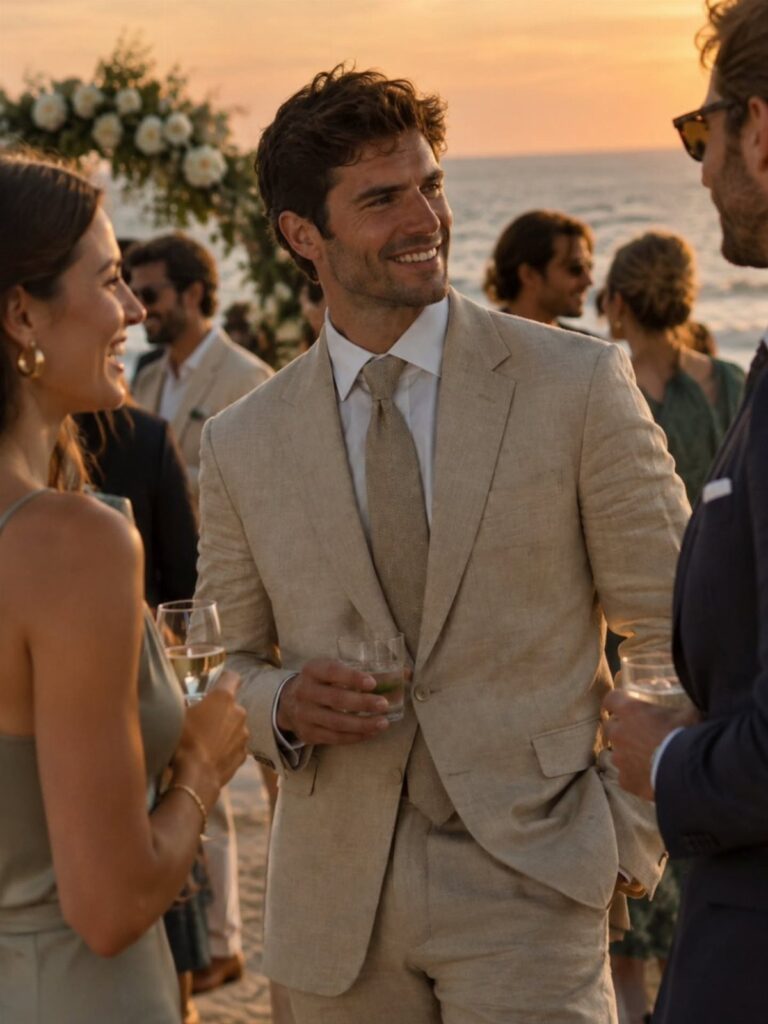 Man in a beige linen suit and tie at a beach wedding sunset.