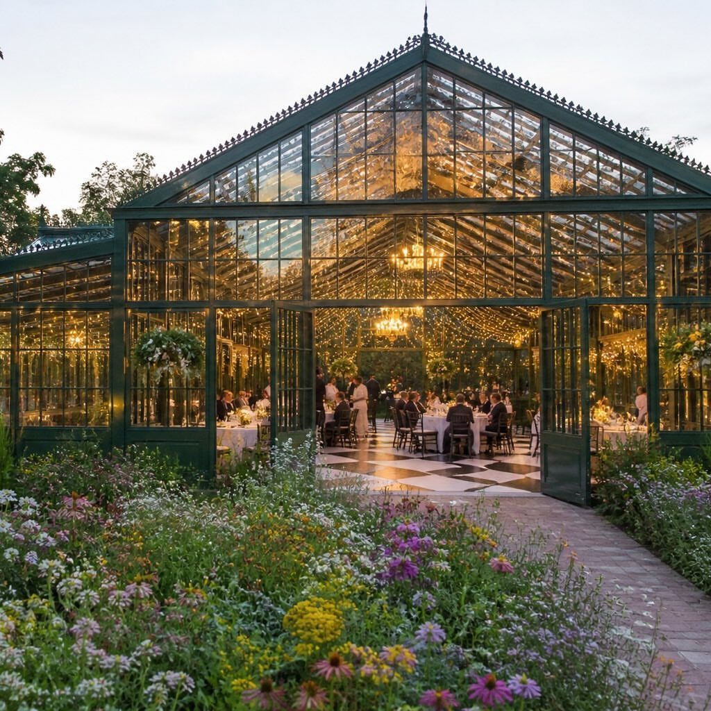 Glass conservatory wedding venue surrounded by a colorful wildflower garden at dusk.