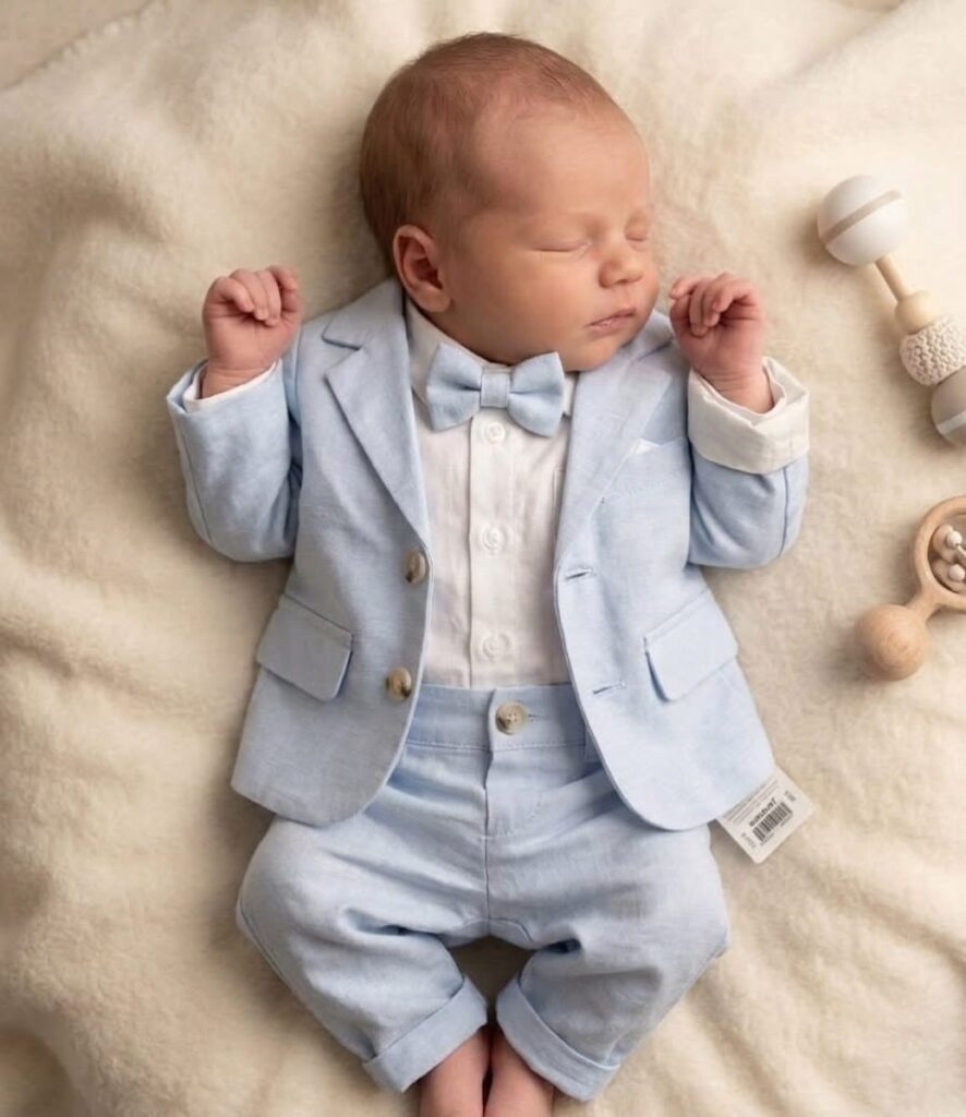Sleeping newborn baby wearing a light blue miniature suit and bow tie on blanket