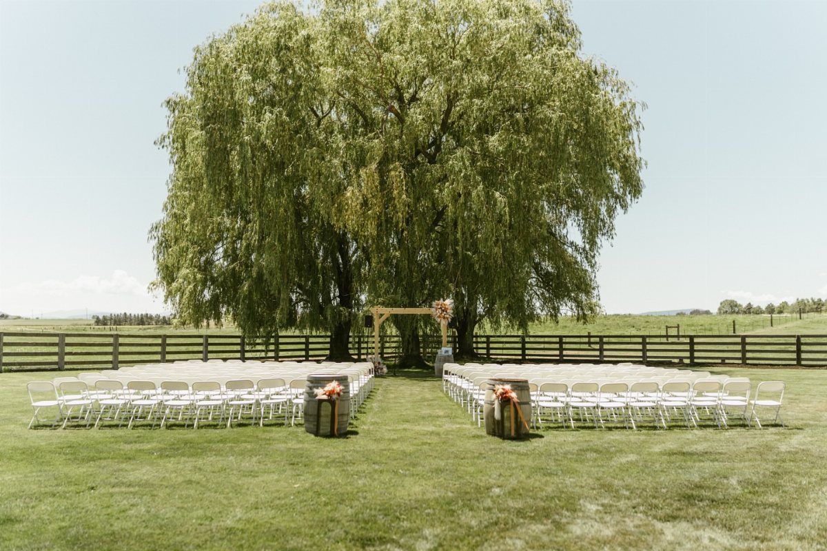Outdoor wedding ceremony setup with white chairs and a wooden arbor under a willow tree