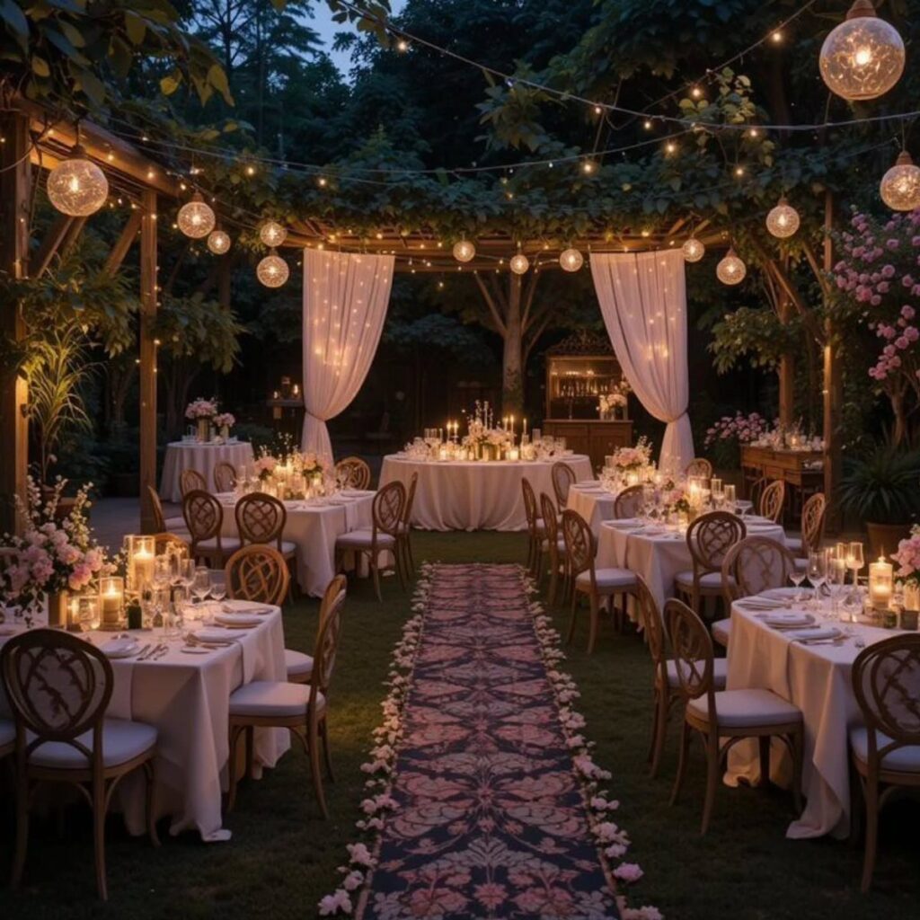 Outdoor wedding reception with white tables, string lights, and a floral aisle runner.