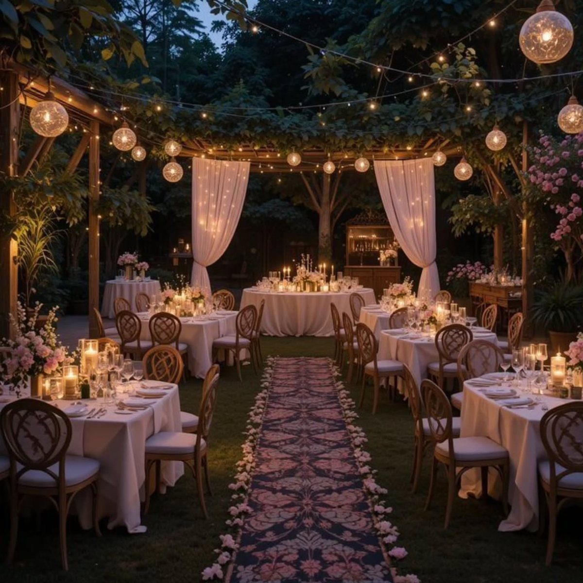 Outdoor wedding reception with white tables, string lights, and a floral aisle runner.