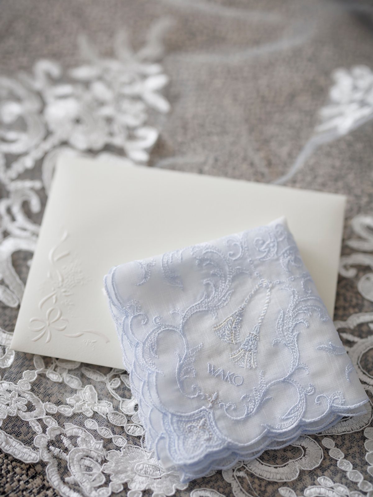 Light blue lace handkerchief resting on a white envelope and white lace fabric.