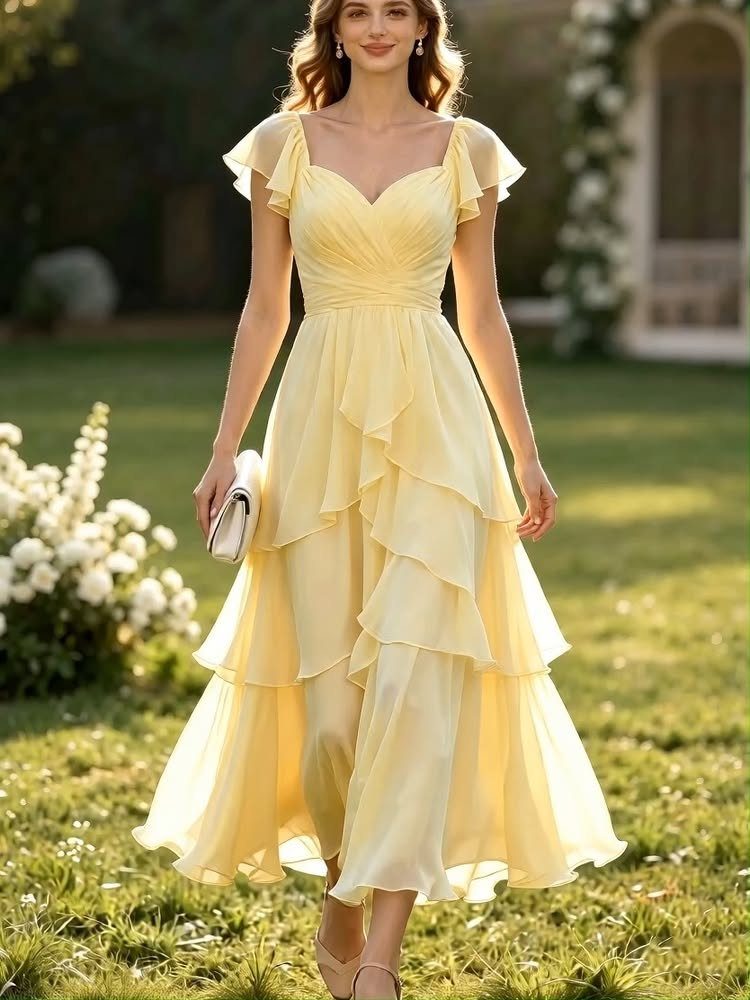 Woman in a yellow tiered chiffon dress with short ruffle sleeves on a lawn.
