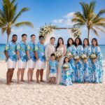 Wedding party on a beach with bridesmaids in blue tropical print dresses.