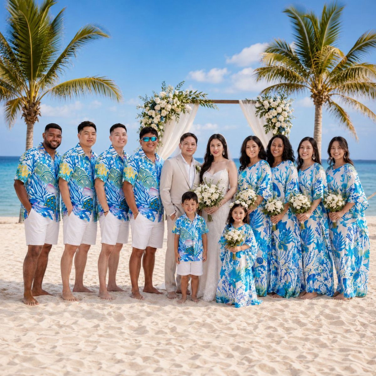 Wedding party on a beach with bridesmaids in blue tropical print dresses.