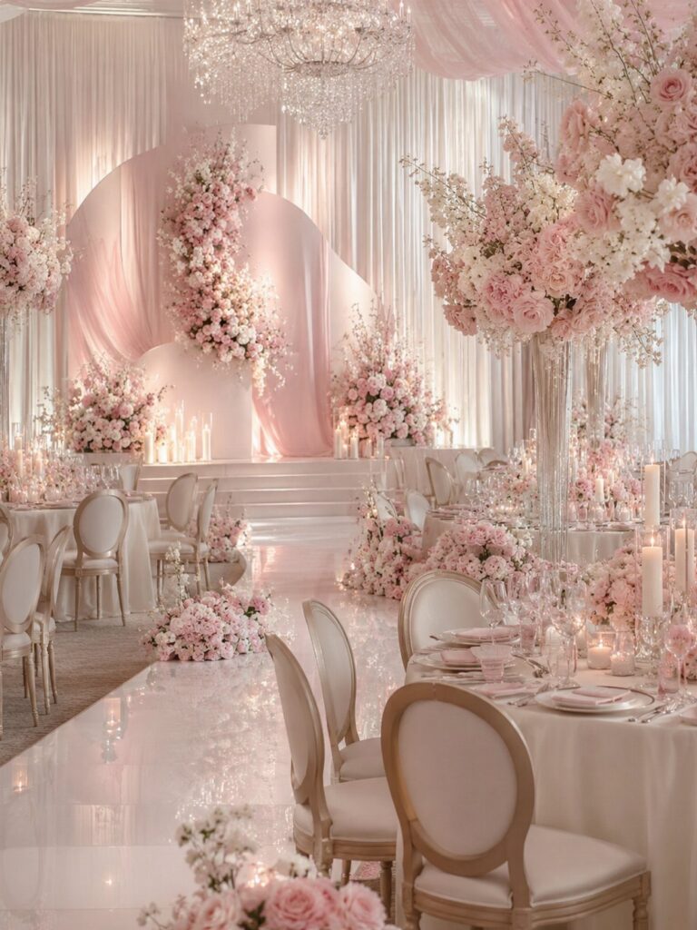 Blush pink flowers and champagne linens in a luxurious wedding reception hall.