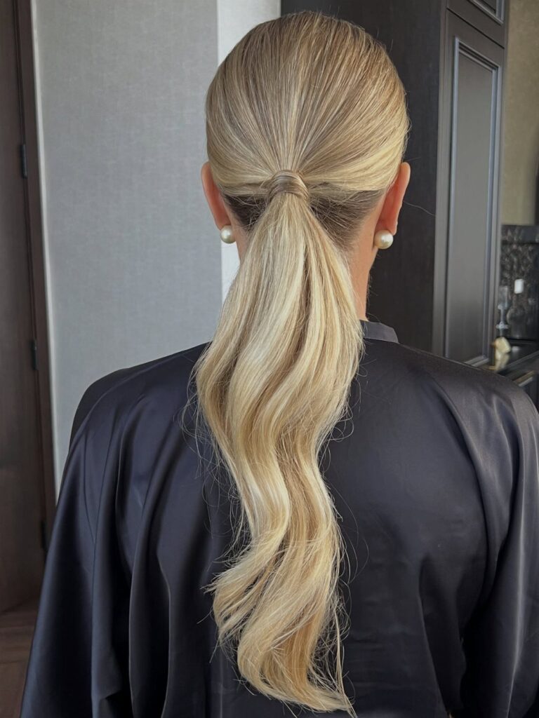 Blonde hair styled in a sleek low ponytail with soft waves over black satin.