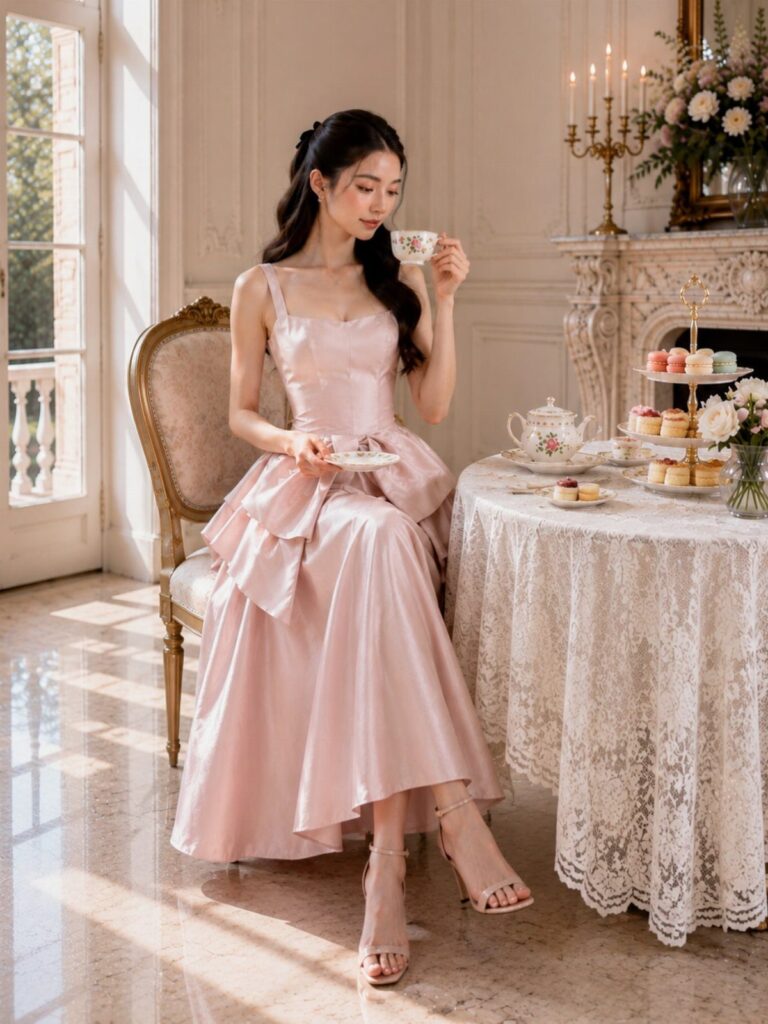 Woman in a blush pink tiered satin maxi dress drinking tea in a room.