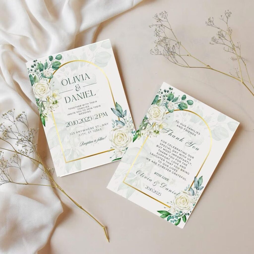 Wedding invitation cards with gold borders and white floral designs on a beige background.